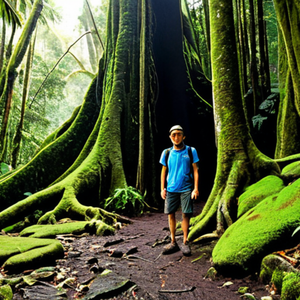 A professional adult hiker, fully clothed in modest, durable trekking gear, stands on a winding, moss-covered trail within a dense, mystical rainforest on 'Eua Island, Tonga. Sunlight filters through the lush canopy, illuminating giant tree roots and creating a serene, green atmosphere. The air is fresh and vibrant, hinting at hidden ancient caves and clear, small waterfalls just beyond. The scene emphasizes untouched nature and a sense of peaceful discovery. Perfect anatomy, correct proportions, natural pose, well-formed hands, proper finger count, natural body proportions. Professional photography, high detail, realistic, high quality, safe for work, appropriate content, fully clothed, modest clothing, family-friendly.