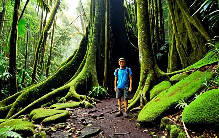 A professional adult hiker, fully clothed in modest, durable trekking gear, stands on a winding, moss-covered trail within a dense, mystical rainforest on 'Eua Island, Tonga. Sunlight filters through the lush canopy, illuminating giant tree roots and creating a serene, green atmosphere. The air is fresh and vibrant, hinting at hidden ancient caves and clear, small waterfalls just beyond. The scene emphasizes untouched nature and a sense of peaceful discovery. Perfect anatomy, correct proportions, natural pose, well-formed hands, proper finger count, natural body proportions. Professional photography, high detail, realistic, high quality, safe for work, appropriate content, fully clothed, modest clothing, family-friendly.