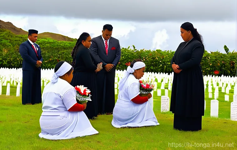 통가 장례 문화 - **Prompt 1: Tongan Mourners in Traditional Attire**
    "A solemn and respectful scene depicting a g...