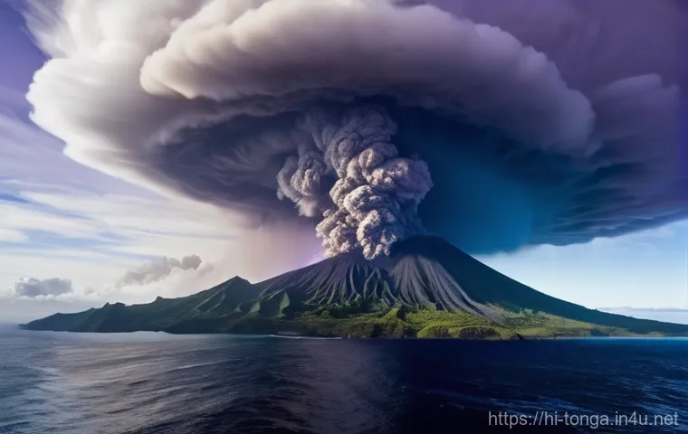 통가 쓰나미 피해 사례 - **Prompt 1: The Fury of the Eruption**
"A breathtaking and terrifying, wide-angle shot capturing...