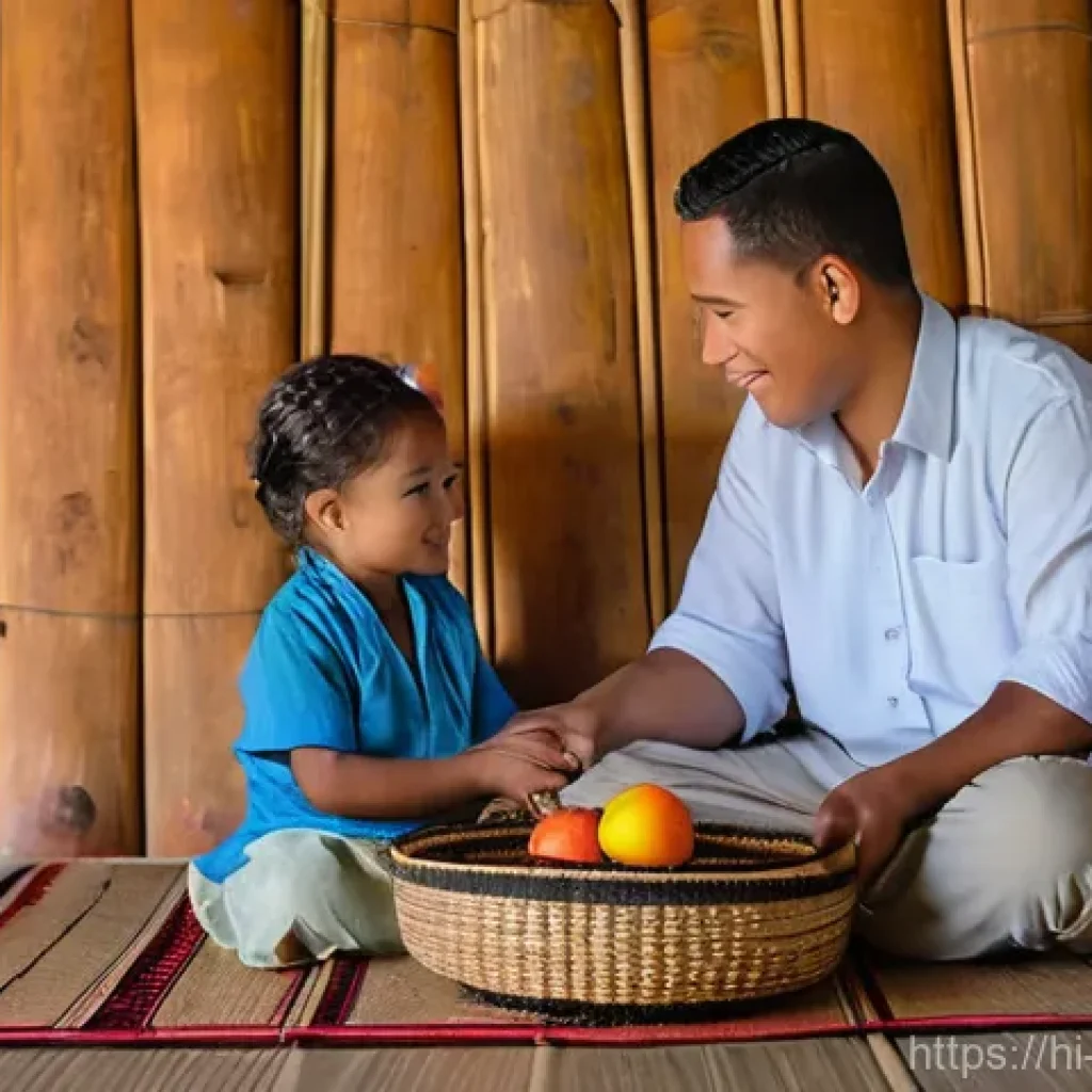 통가의 경제 발전 과정 및 문제점 - A serene and heartwarming scene inside a traditional Tongan home. A Tongan mother and father, dresse...