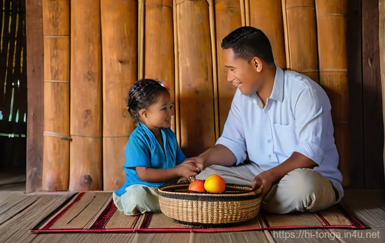 통가의 경제 발전 과정 및 문제점 - A serene and heartwarming scene inside a traditional Tongan home. A Tongan mother and father, dresse...