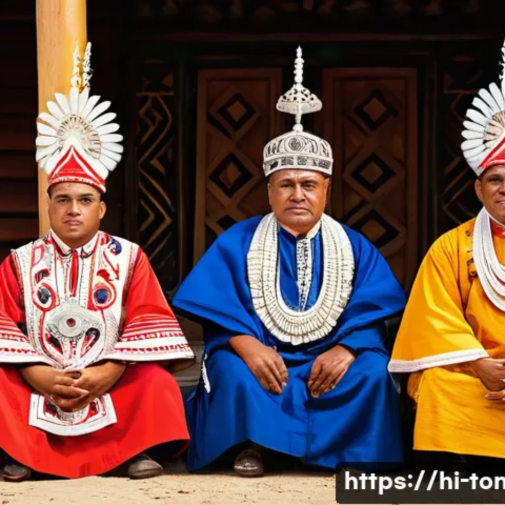 통가 사회 계급 구조 - A vibrant traditional Tongan ceremony scene featuring Rai and Mataki leaders in distinctive royal at...