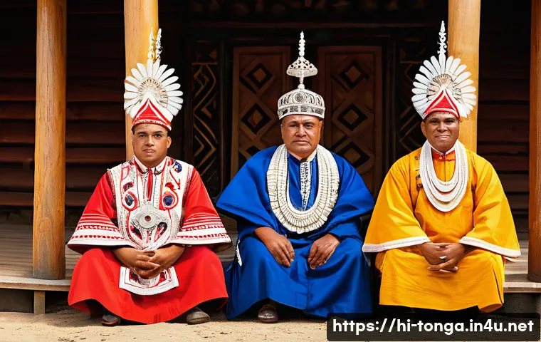 통가 사회 계급 구조 - A vibrant traditional Tongan ceremony scene featuring Rai and Mataki leaders in distinctive royal at...