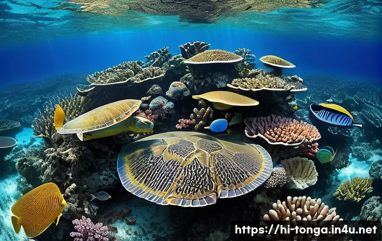 통가 해양 보호구역 - A vibrant underwater scene showcasing ancient colorful coral reefs in Tonga, teeming with diverse ma...