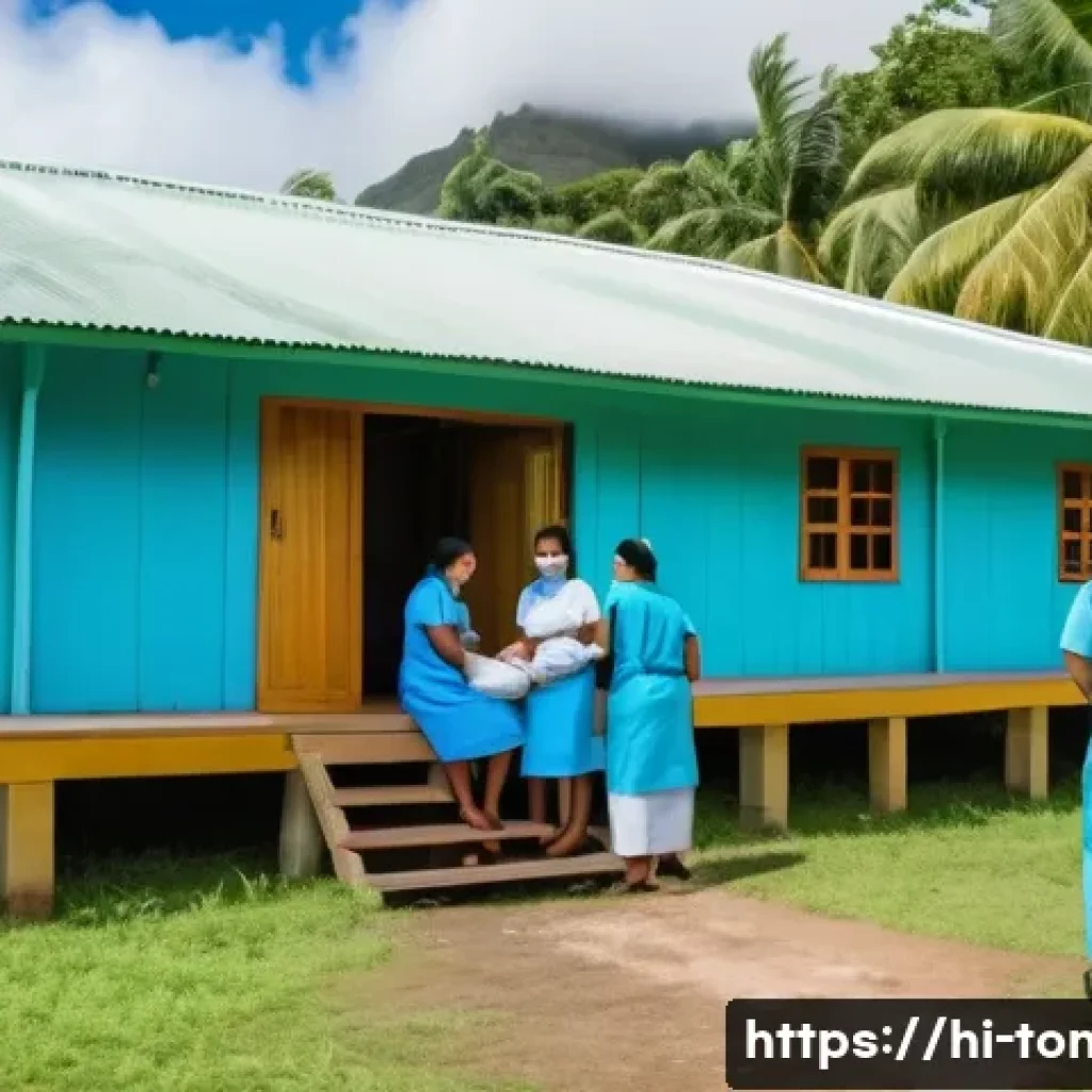 통가 현지 병원 정보 - A vibrant scene of a primary health center on a small island in Tonga, showing a friendly team of he...