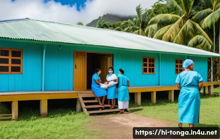통가 현지 병원 정보 - A vibrant scene of a primary health center on a small island in Tonga, showing a friendly team of he...