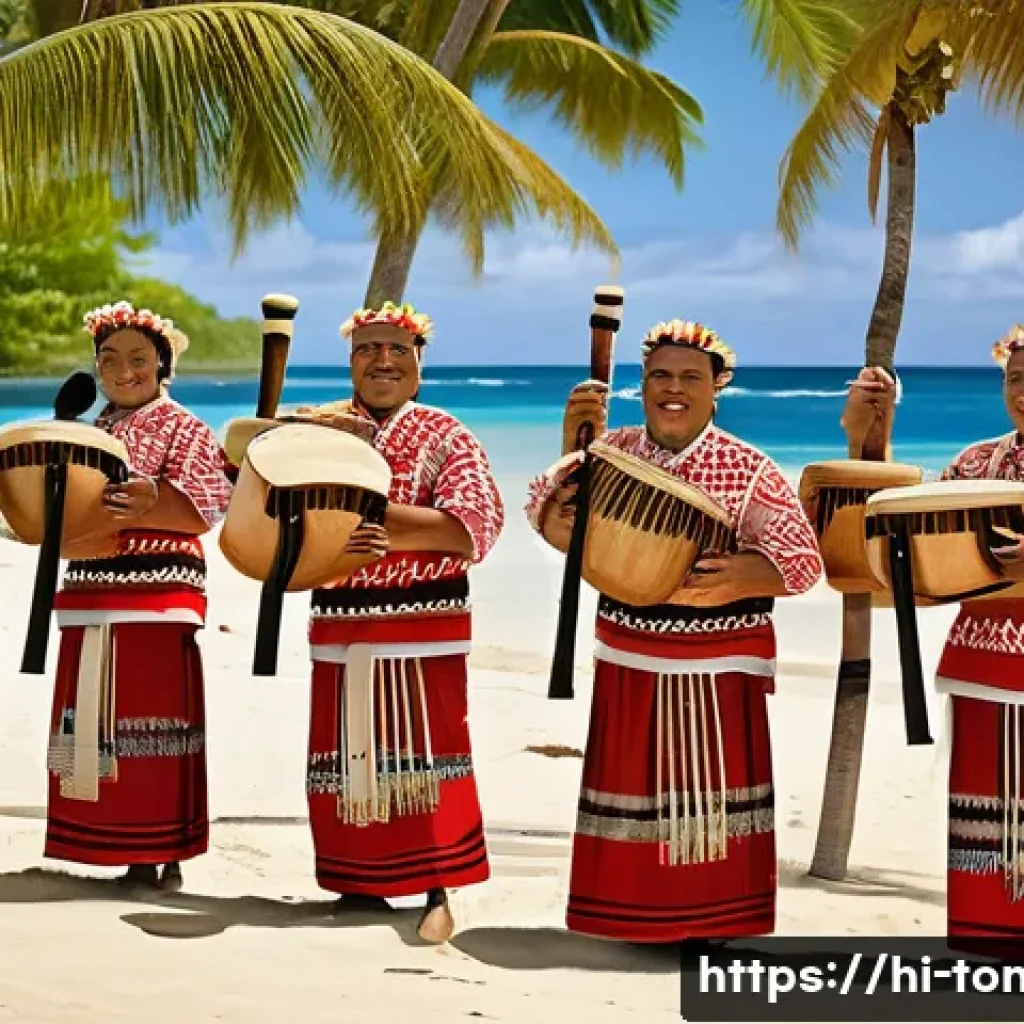통가 독립 역사 - A vibrant traditional Tongan cultural festival scene featuring men and women dressed in colorful tra...
