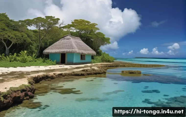 통가 해수면 상승 문제 - A detailed coastal scene of Tonga islands showing the gradual rise of sea level swallowing coral lim...