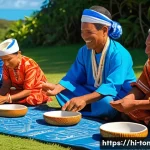 Home 21 통가 결혼 문화 및 전통 - A vibrant Tonga wedding ceremony scene featuring family elders from both sides exchanging traditiona...