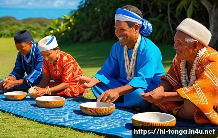 통가 결혼 문화 및 전통 - A vibrant Tonga wedding ceremony scene featuring family elders from both sides exchanging traditiona...