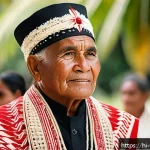 Home 19 통가 전통 의상 타오발라 - A dignified Tongan elder at a traditional wedding ceremony, wearing a finely handwoven taovala wrapp...