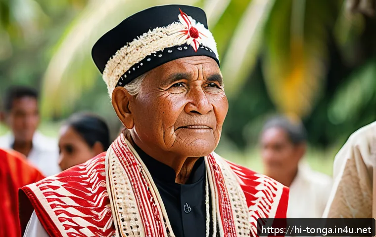 통가 전통 의상 타오발라 - A dignified Tongan elder at a traditional wedding ceremony, wearing a finely handwoven taovala wrapp...