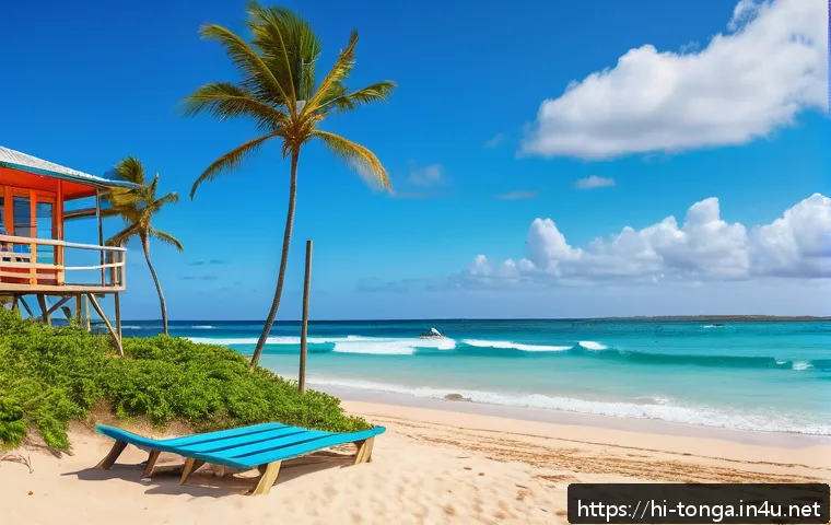 통가 해변에서 주의할 점 - A vibrant beach scene at Tonga during a sunny day, showing strong ocean currents with clear turquois...