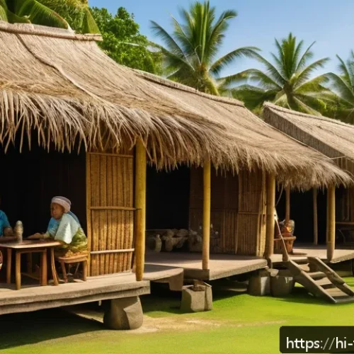 Home 17 통가에서 주거 형태 및 건축 양식 - A traditional Tongan village scene during the daytime, showcasing multiple natural material houses m...