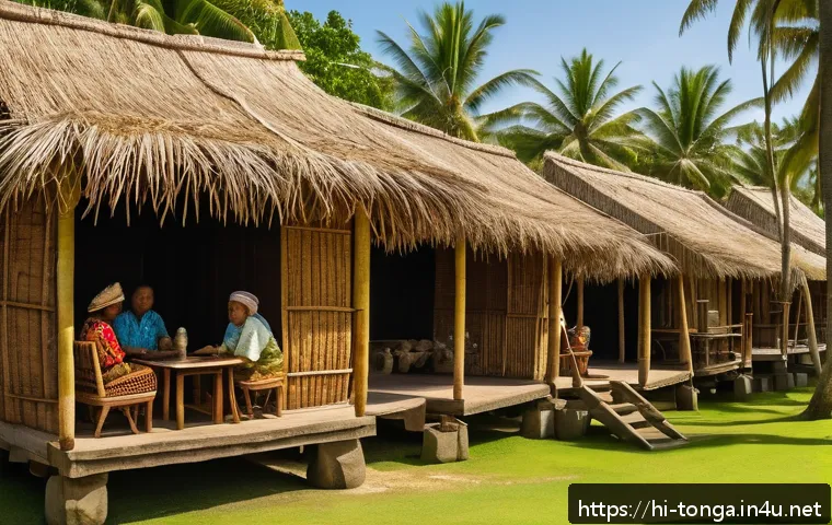 통가에서 주거 형태 및 건축 양식 - A traditional Tongan village scene during the daytime, showcasing multiple natural material houses m...