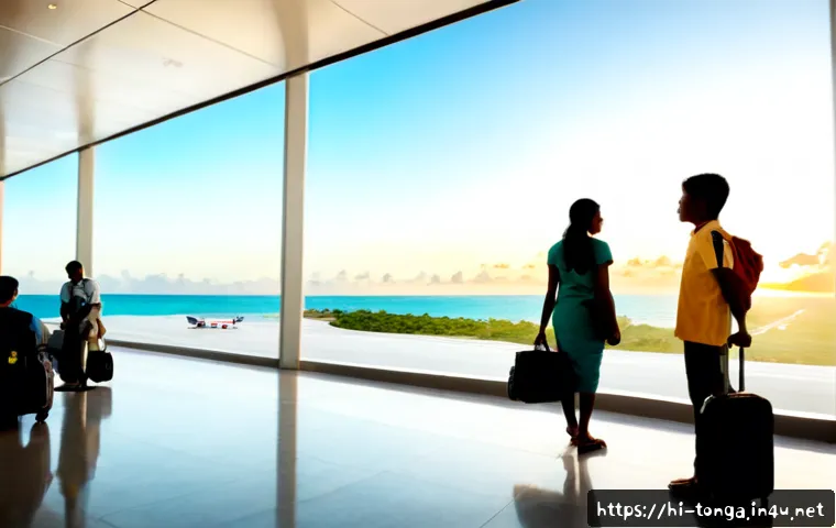 통가 직항 항공편 - Photorealistic wide-angle airport departure scene for a direct flight to Tonga, an Indian family wit...